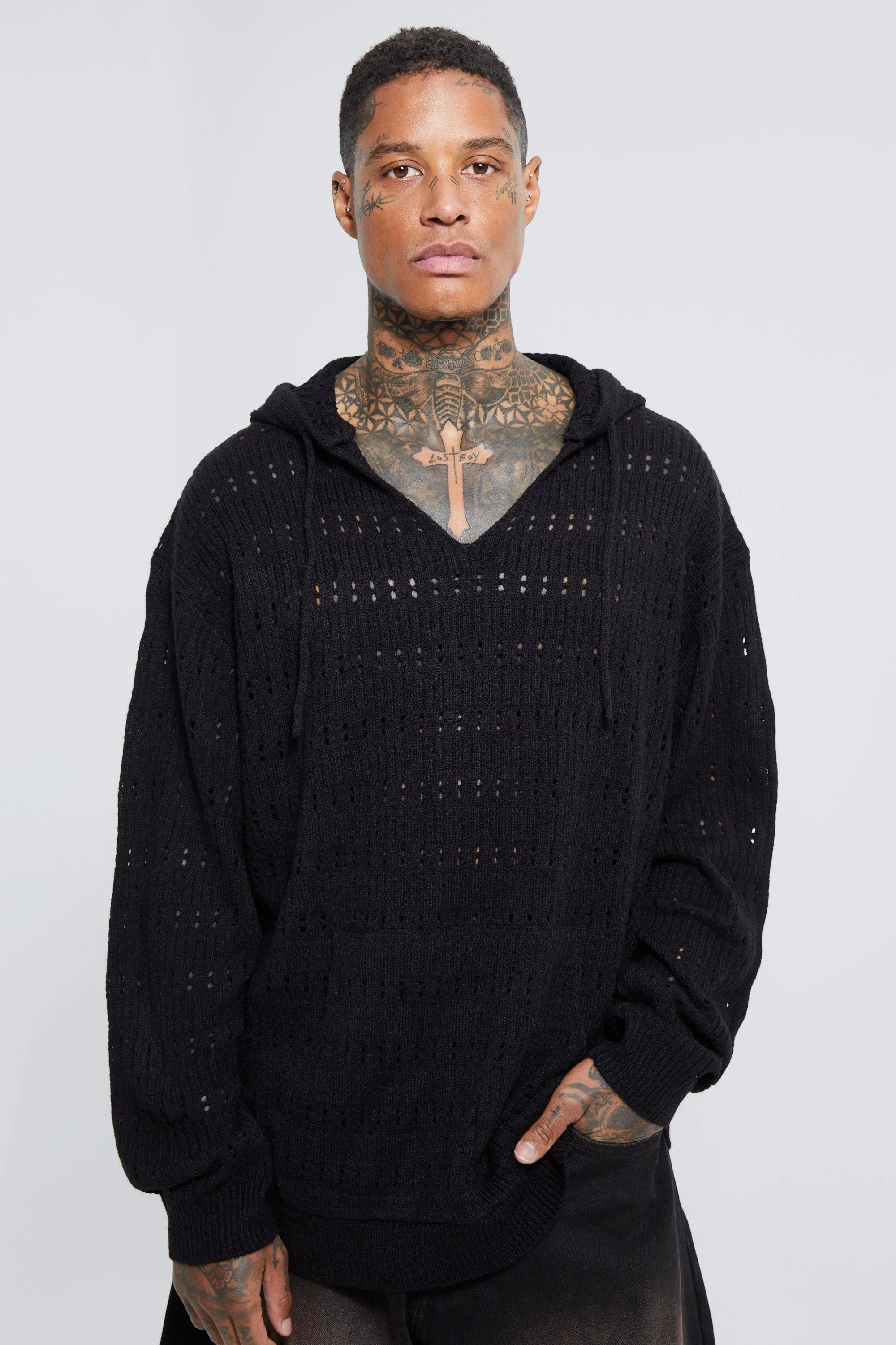 Knitted Oversized Chunky Rib V Neck Hoodie | boohooMAN UK