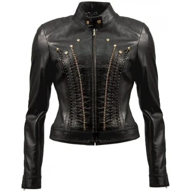 Ladies Luxury Black Leather Gold Chain Trim Biker Jacket