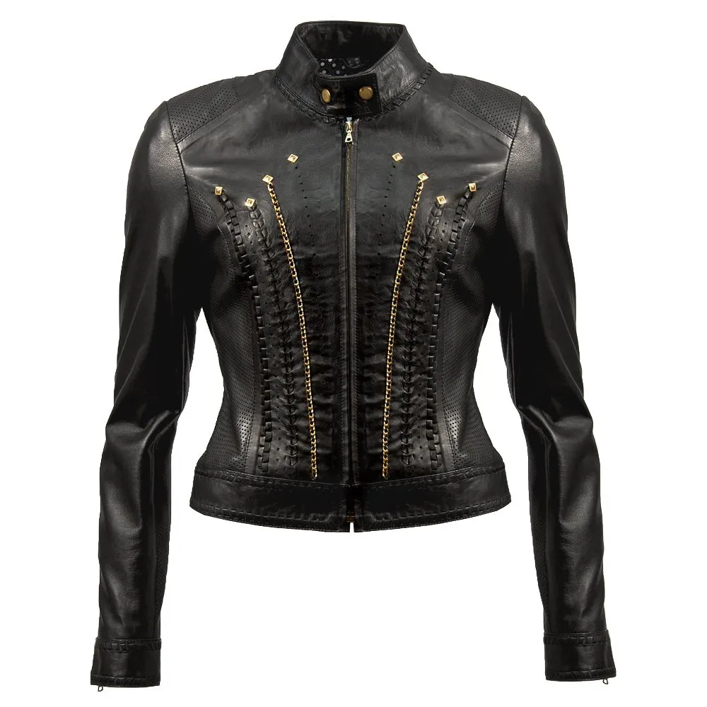 Ladies Luxury Black Leather Gold Chain Trim Biker Jacket