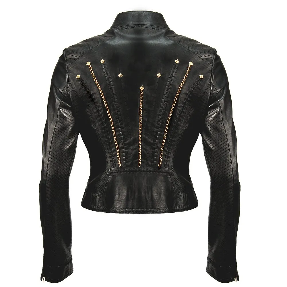 Ladies Luxury Black Leather Gold Chain Trim Biker Jacket