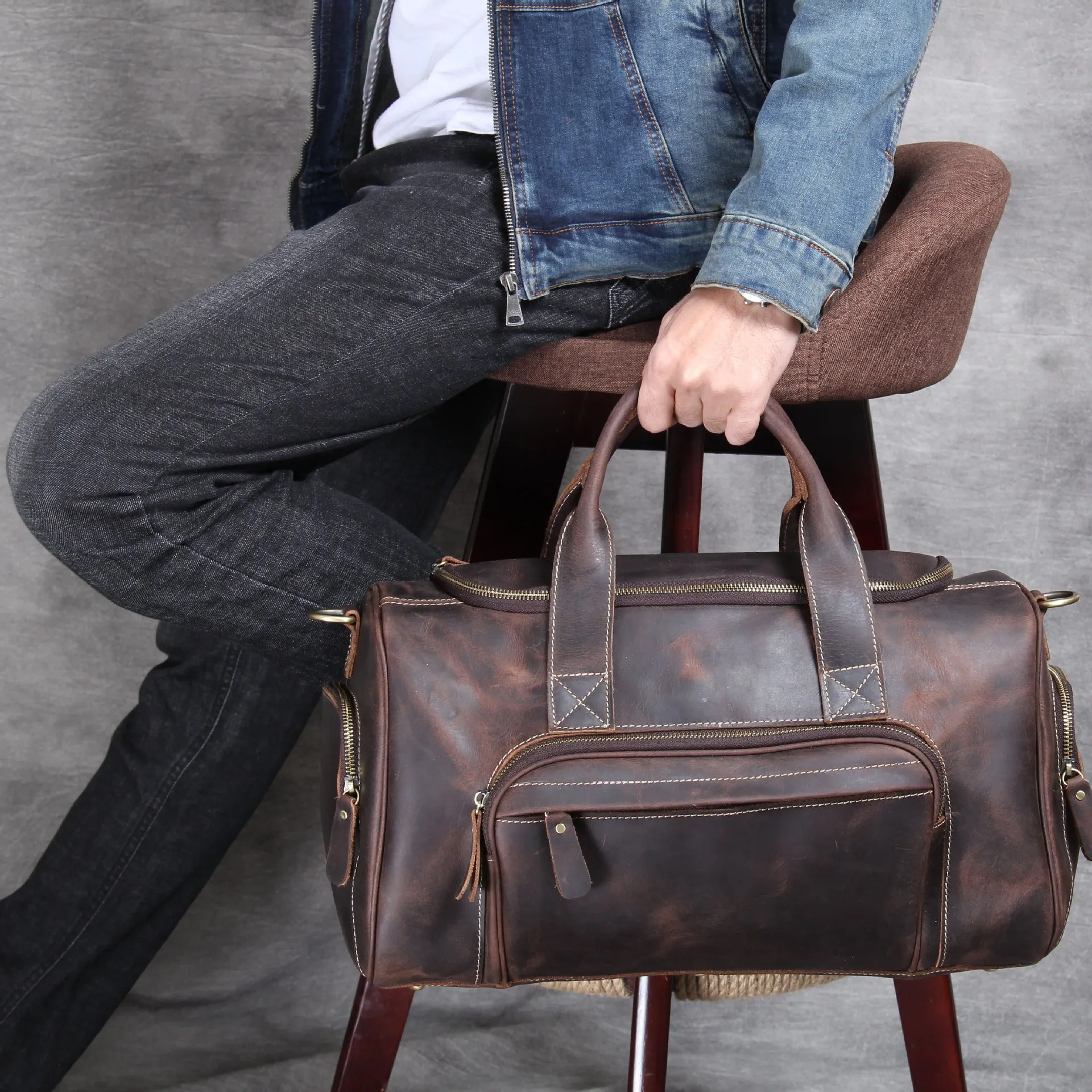 Leather Duffle Bag with Pockets - Horizon Leathers