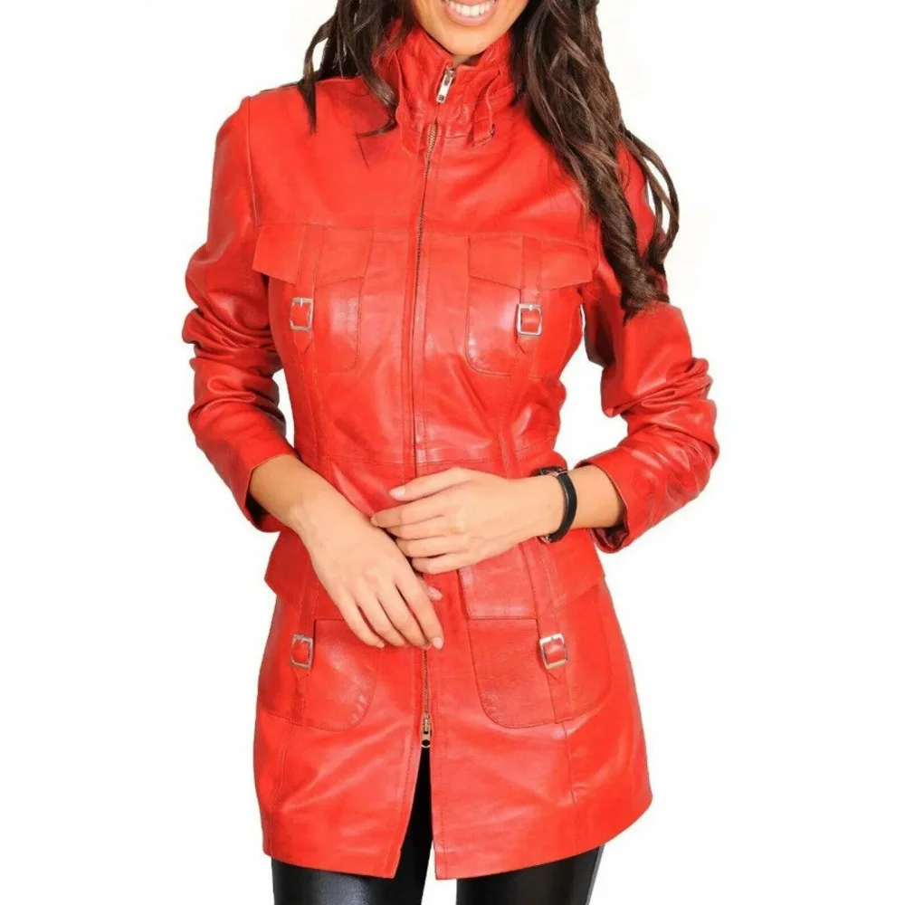 Leather Jacket For Women Red Biker Motorcycle Real Lambskin