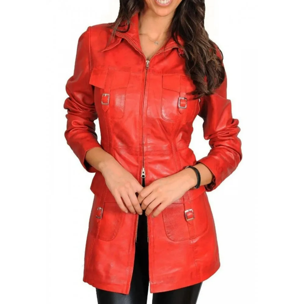 Leather Jacket For Women Red Biker Motorcycle Real Lambskin