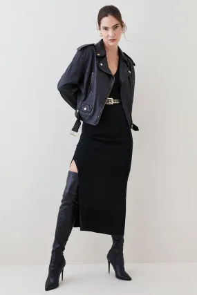 Leather Oversize Crop Washed Biker Jacket | Karen Millen