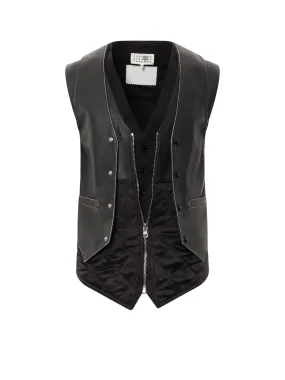 Leather vest with wool dobule insert