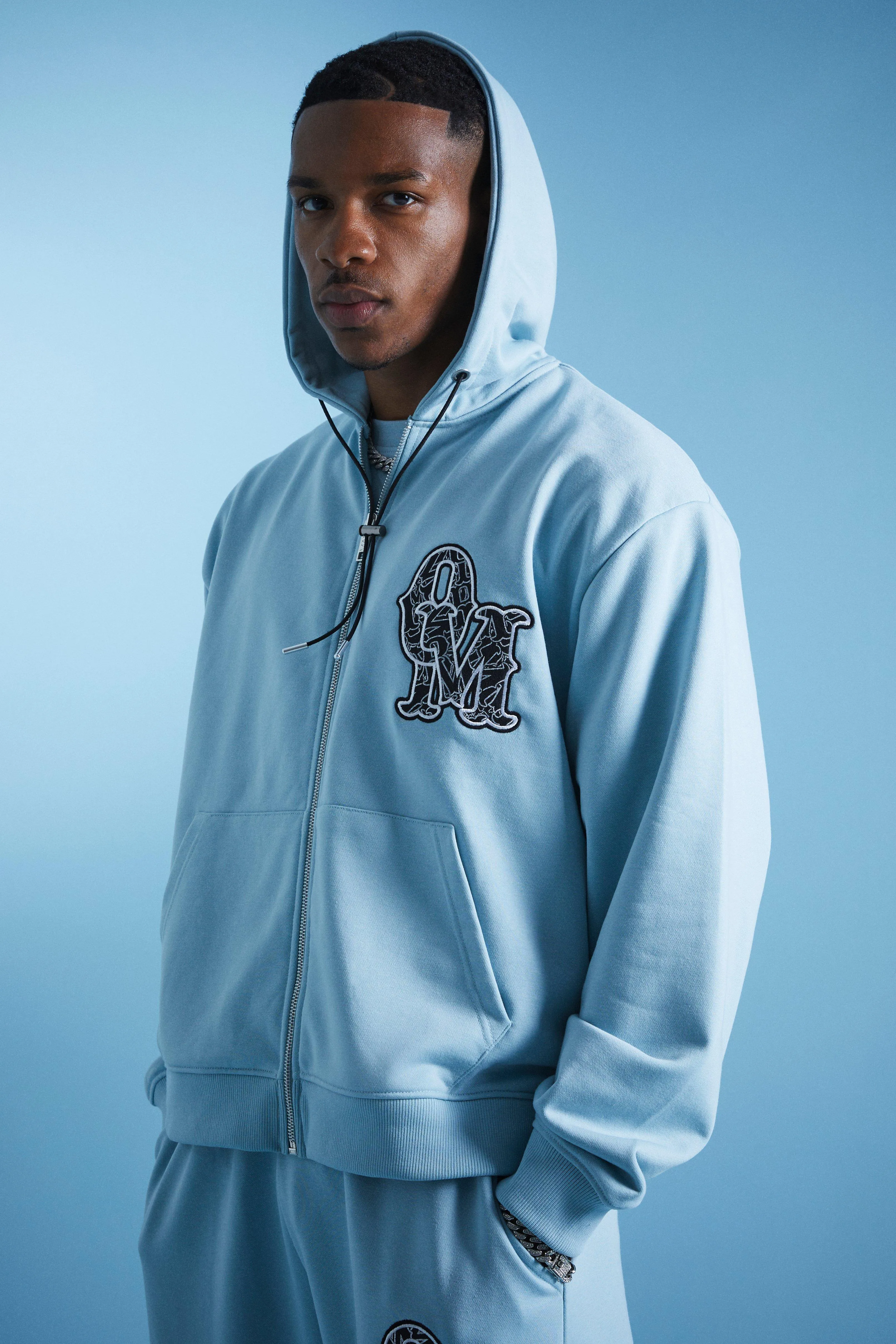 Lil Tjay Oversized Loopback Boxy Zip Applique Hoodie | boohooMAN UK