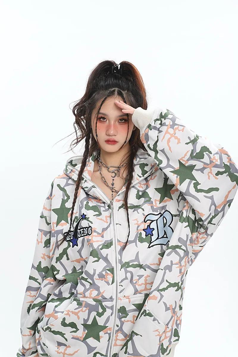 LR Shooting Star Embroidery Graphic Print Long Sleeve Zip Up Hoodie