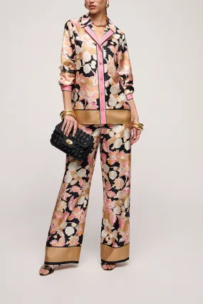 Luisa Spagnoli ABAD PINK BLACK FLORAL PRINT SILK TROUSERS