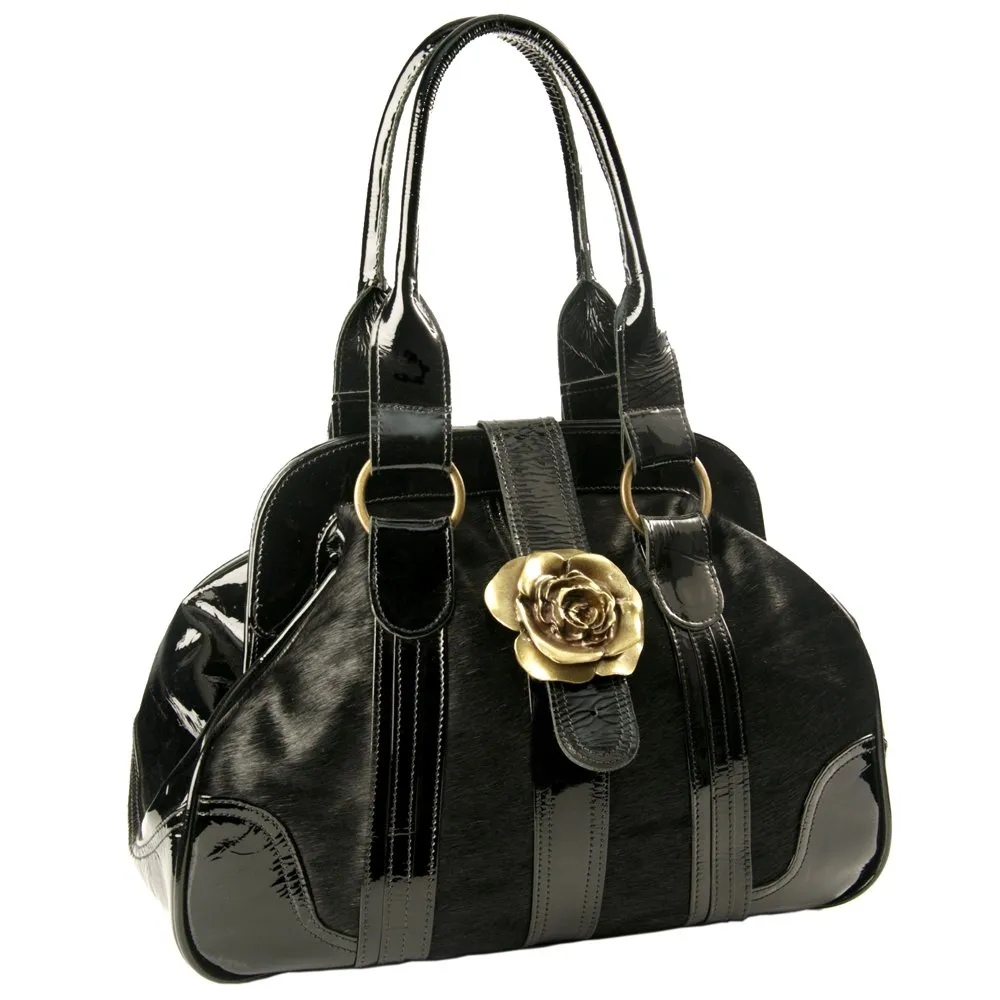 Luxury Pony Skin Gold Rose Buckle Black Patent Leather Womens Bag