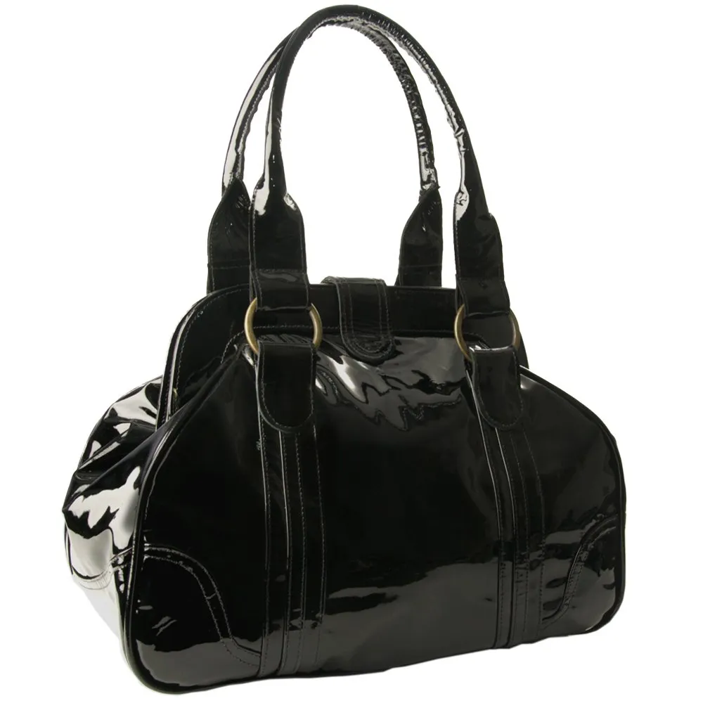 Luxury Pony Skin Gold Rose Buckle Black Patent Leather Womens Bag