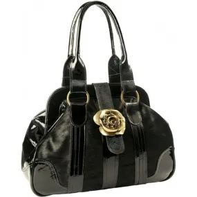 Luxury Pony Skin Gold Rose Buckle Black Patent Leather Womens Bag