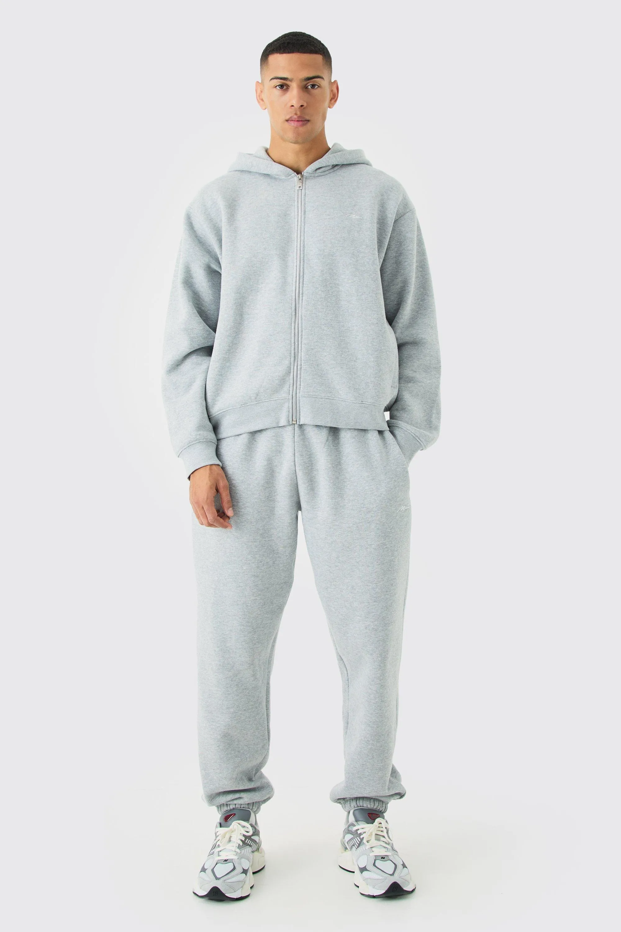 Man Signature Oversized Boxy Zip Through Hooded Tracksuit | boohooMAN UK