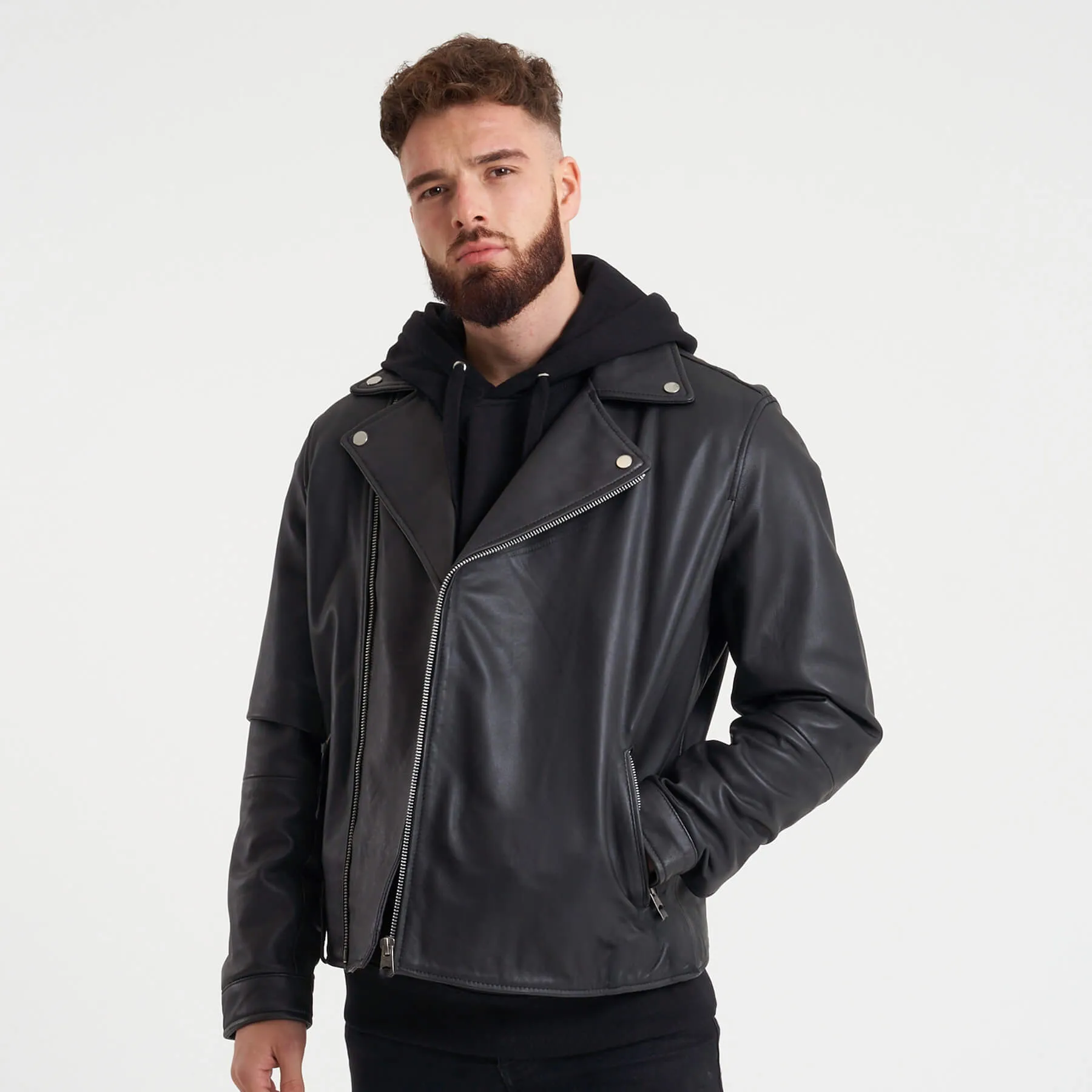 Men's Black Real Leather Biker Jacket | Barneys Originals