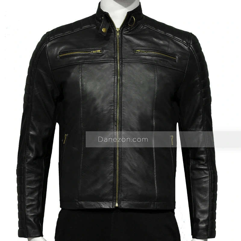 Men's Golden Zip Black Padded Biker Leather Jacket