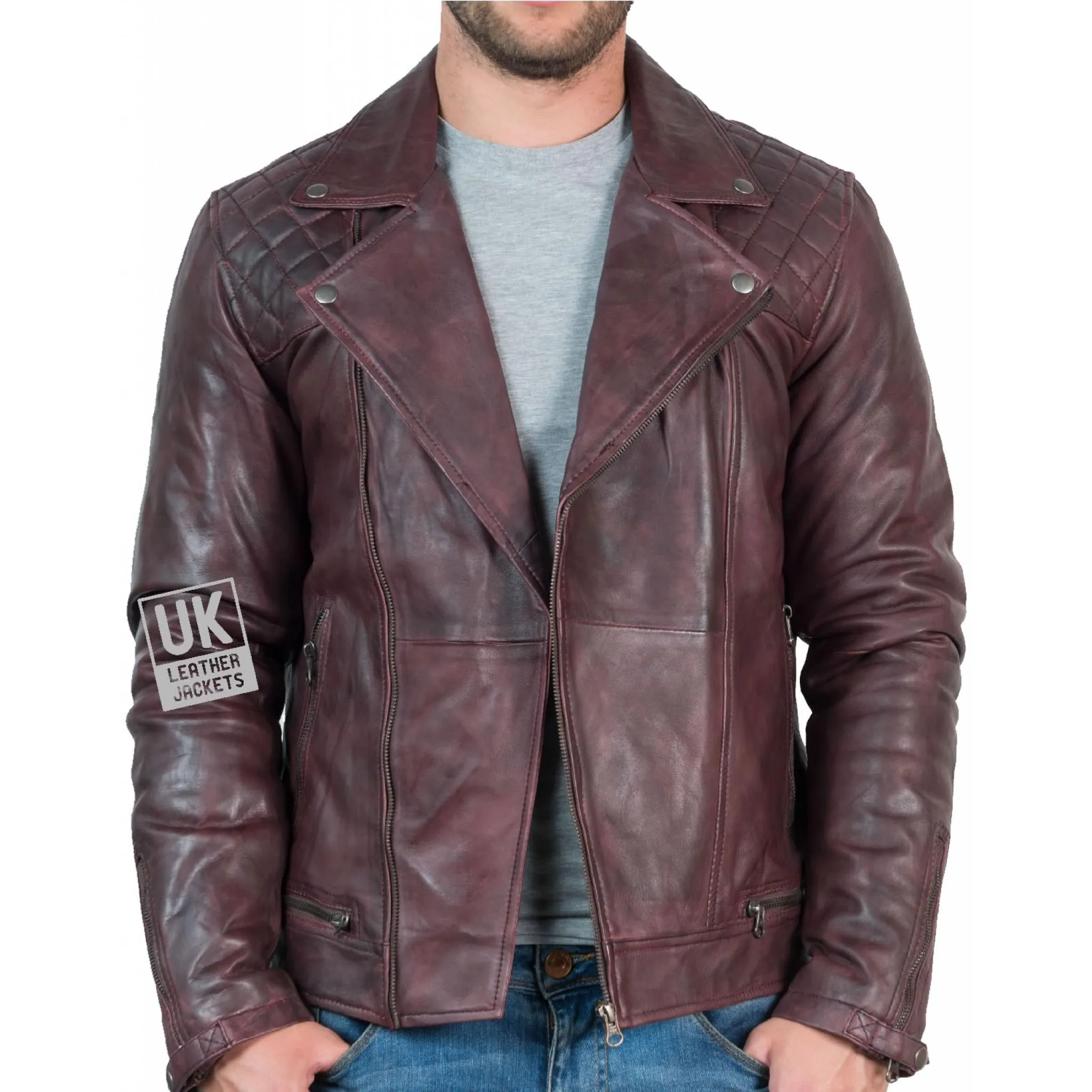 Mens Leather Biker Jacket - Hurricane - Burgundy | Free UK Delivery