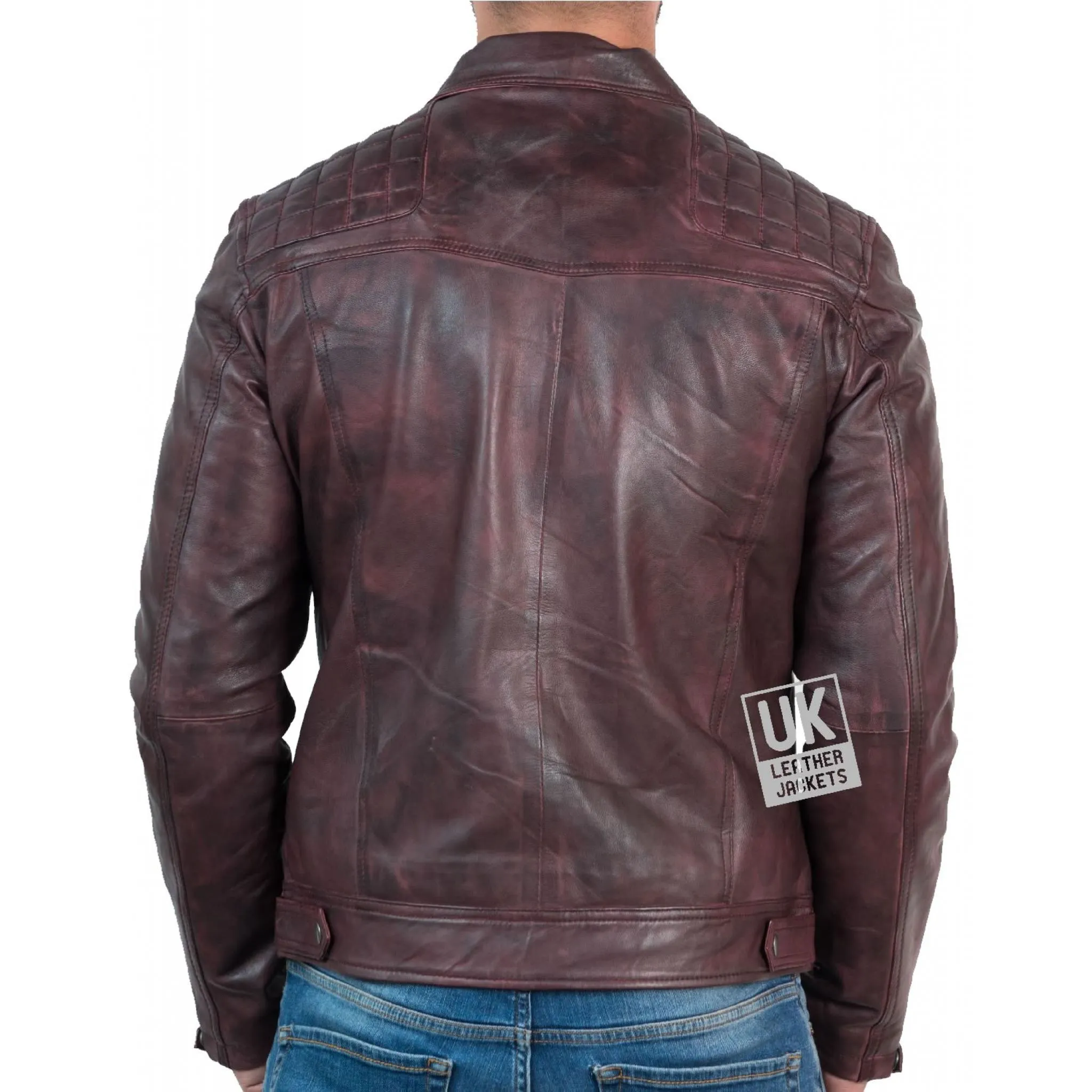 Mens Leather Biker Jacket - Hurricane - Burgundy | Free UK Delivery