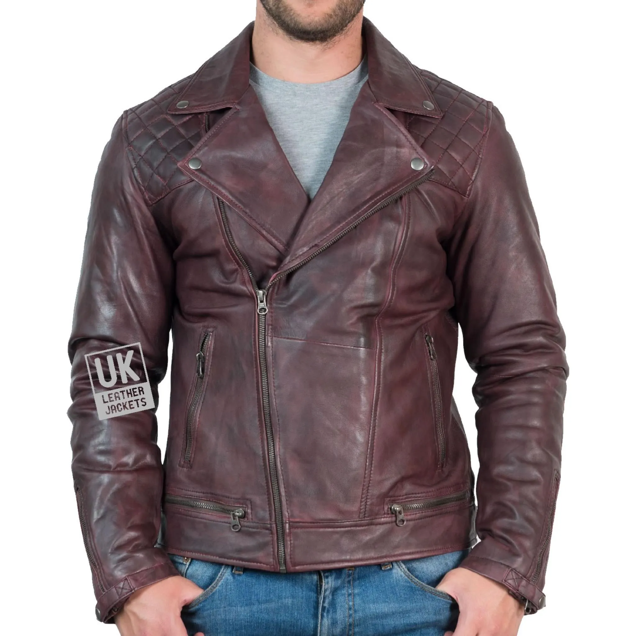 Mens Leather Biker Jacket - Hurricane - Burgundy | Free UK Delivery