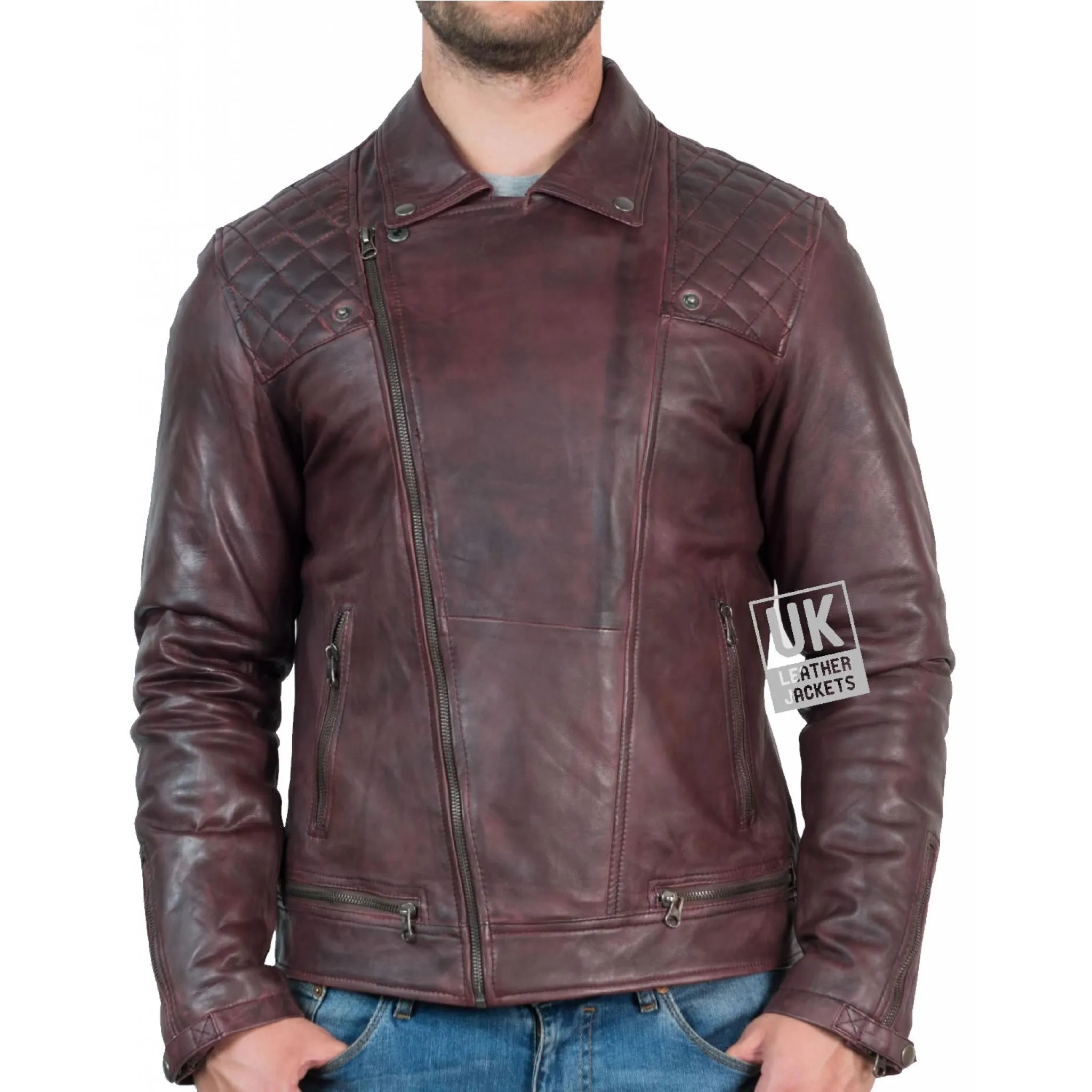 Mens Leather Biker Jacket - Hurricane - Burgundy | Free UK Delivery