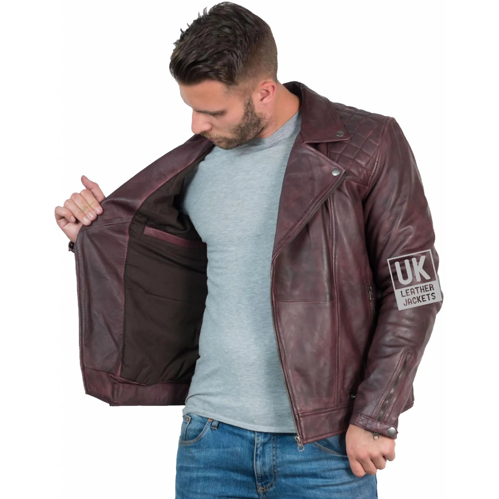 Mens Leather Biker Jacket - Hurricane - Burgundy | Free UK Delivery