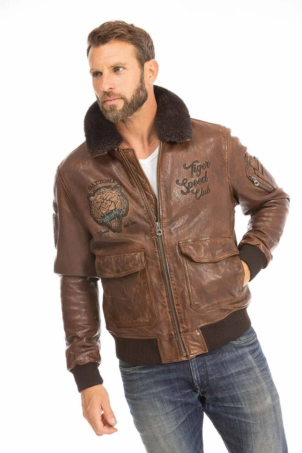 Men's leather jacket in cognac aviator style 102421