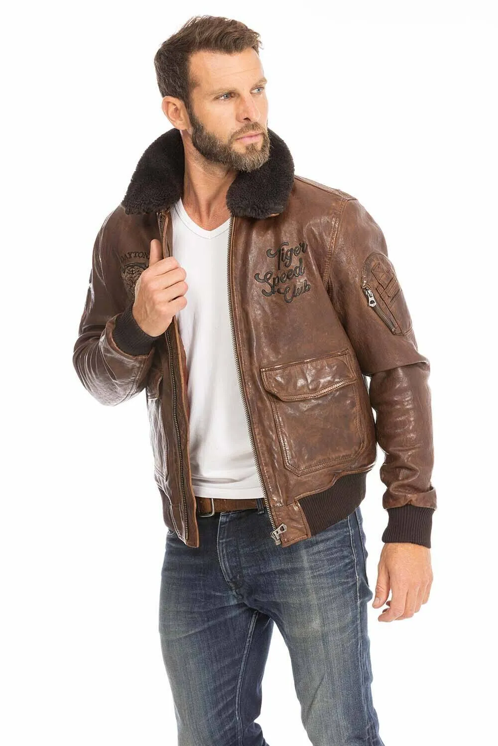 Men's leather jacket in cognac aviator style 102421