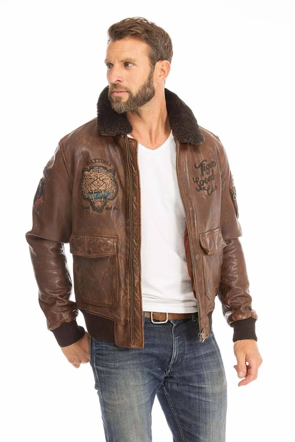 Men's leather jacket in cognac aviator style 102421