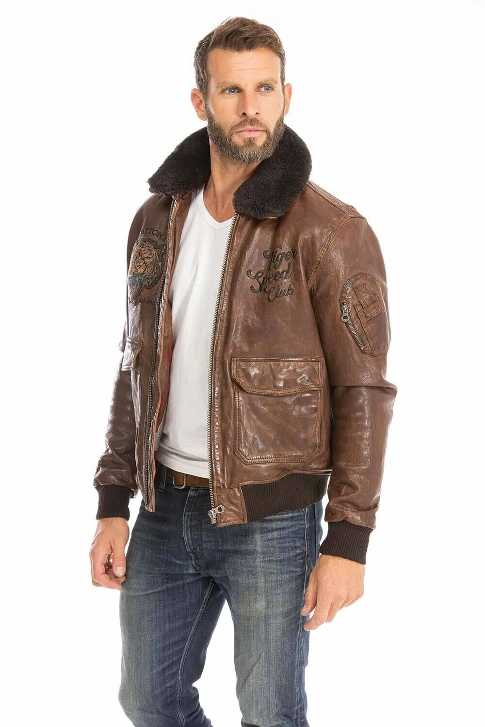 Men's leather jacket in cognac aviator style 102421