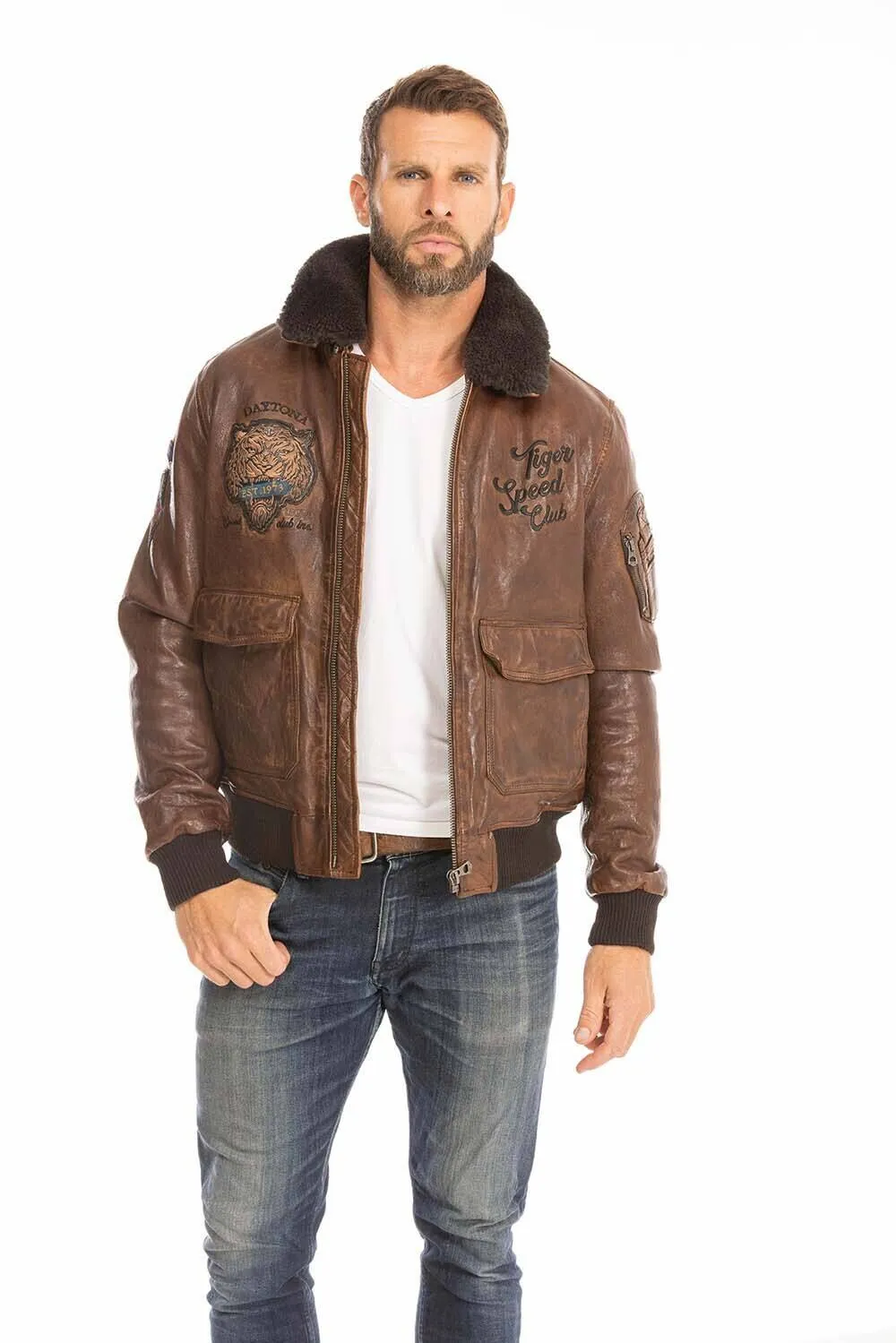 Men's leather jacket in cognac aviator style 102421