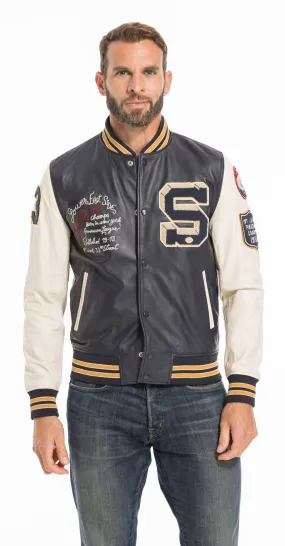 Men's navy/white teddy style leather jacket lcteddy