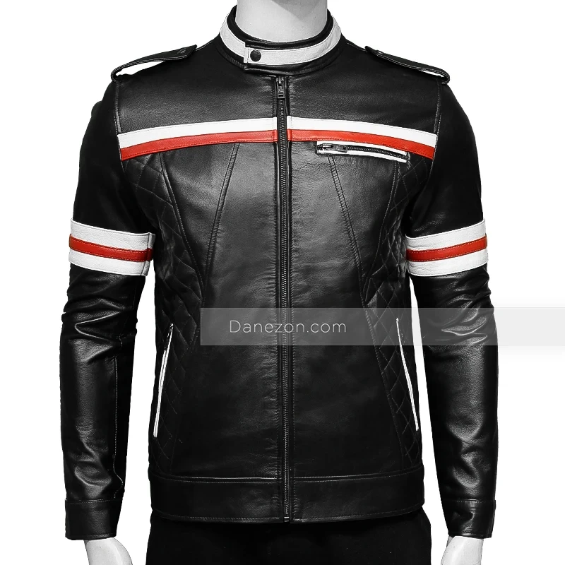 Mens Red And White Striped Black Biker Leather Jacket