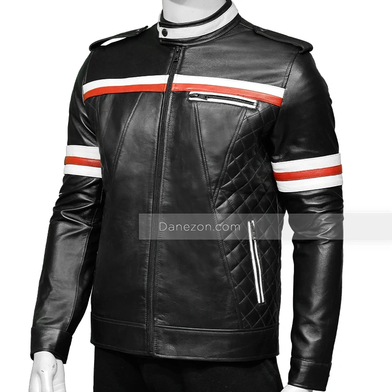 Mens Red And White Striped Black Biker Leather Jacket