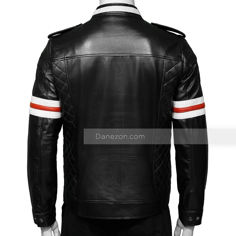 Mens Red And White Striped Black Biker Leather Jacket