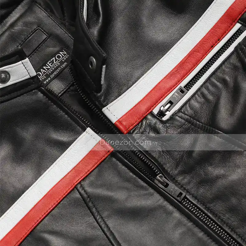 Mens Red And White Striped Black Biker Leather Jacket