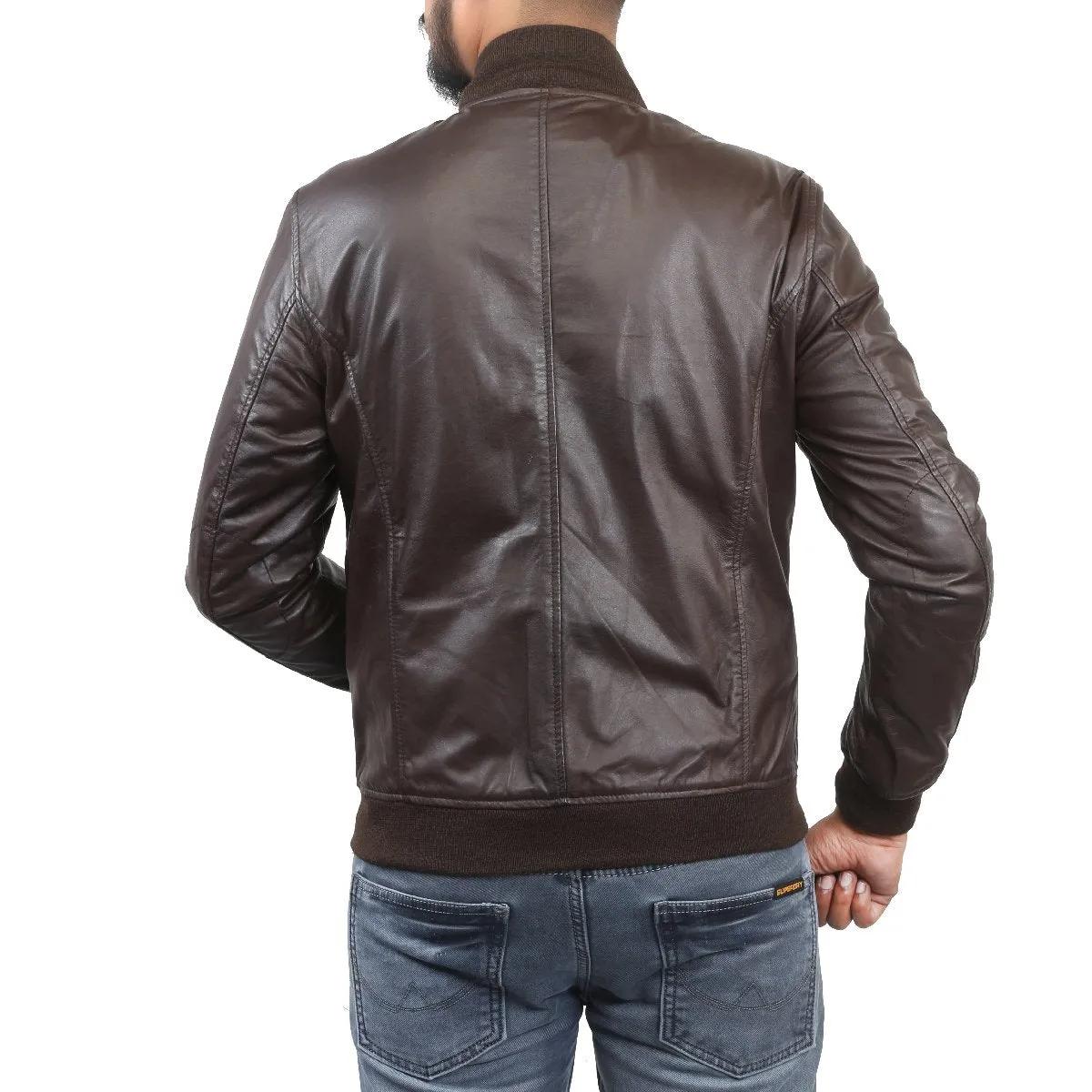 Men's Rib Collar Brown Leather Jacket By Brune & Bareskin