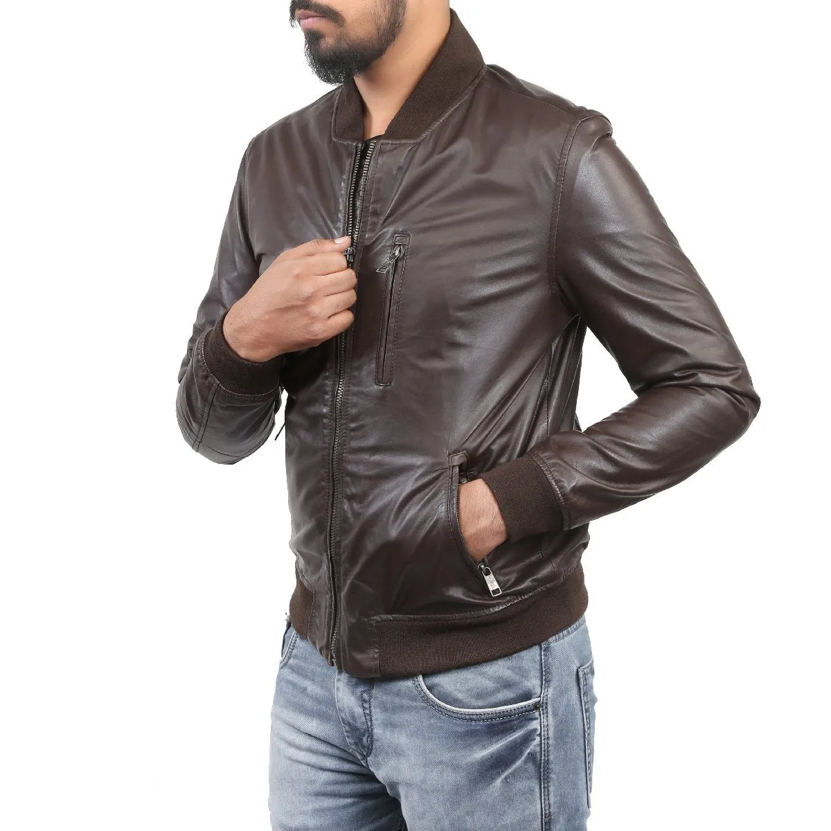 Men's Rib Collar Brown Leather Jacket By Brune & Bareskin