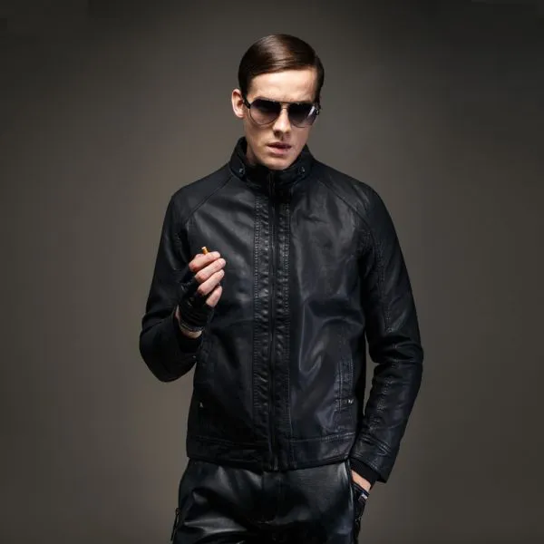 Men's Leather Biker Jacket with High Collar