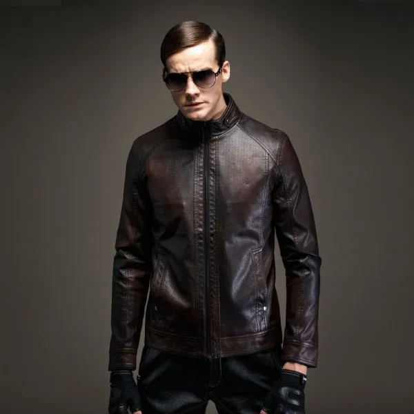 Men's Leather Biker Jacket with High Collar