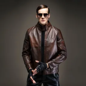 Men's Leather Biker Jacket with High Collar