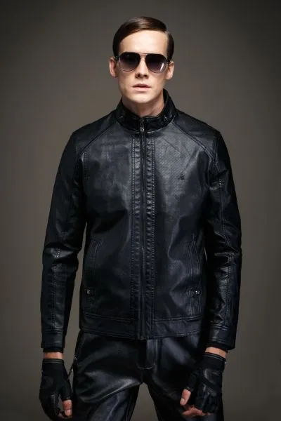 Men's Leather Biker Jacket with High Collar