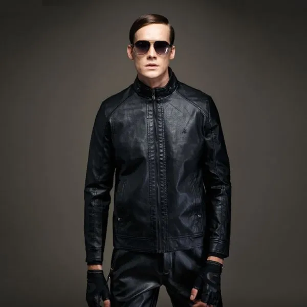 Men's Leather Biker Jacket with High Collar