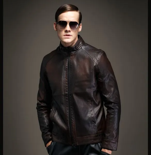 Men's Leather Biker Jacket with High Collar