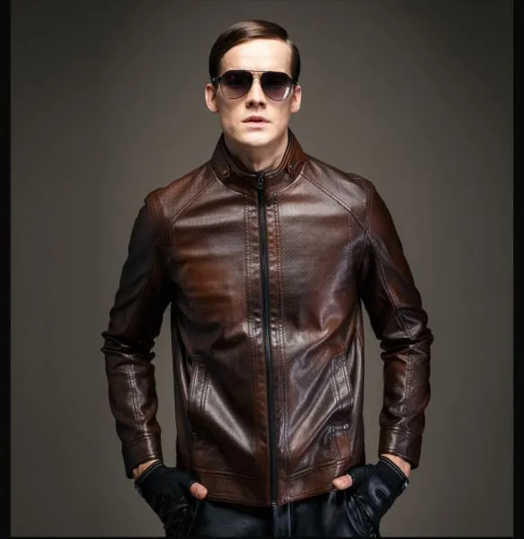 Men's Leather Biker Jacket with High Collar