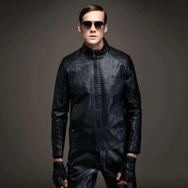 Men's Leather Biker Jacket with High Collar