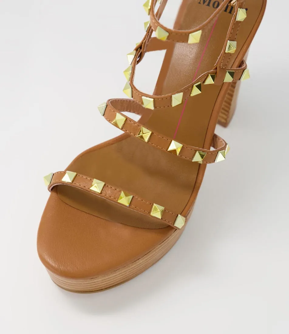 MOLLINI Almora Dark Tan Pale Gold Stud Leather Sandals