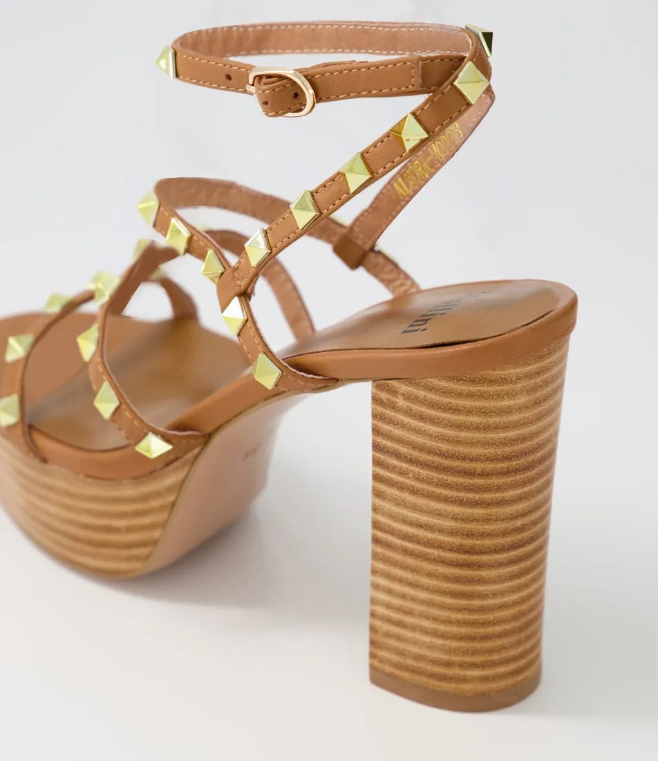 MOLLINI Almora Dark Tan Pale Gold Stud Leather Sandals