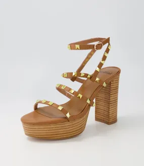 MOLLINI Almora Dark Tan Pale Gold Stud Leather Sandals