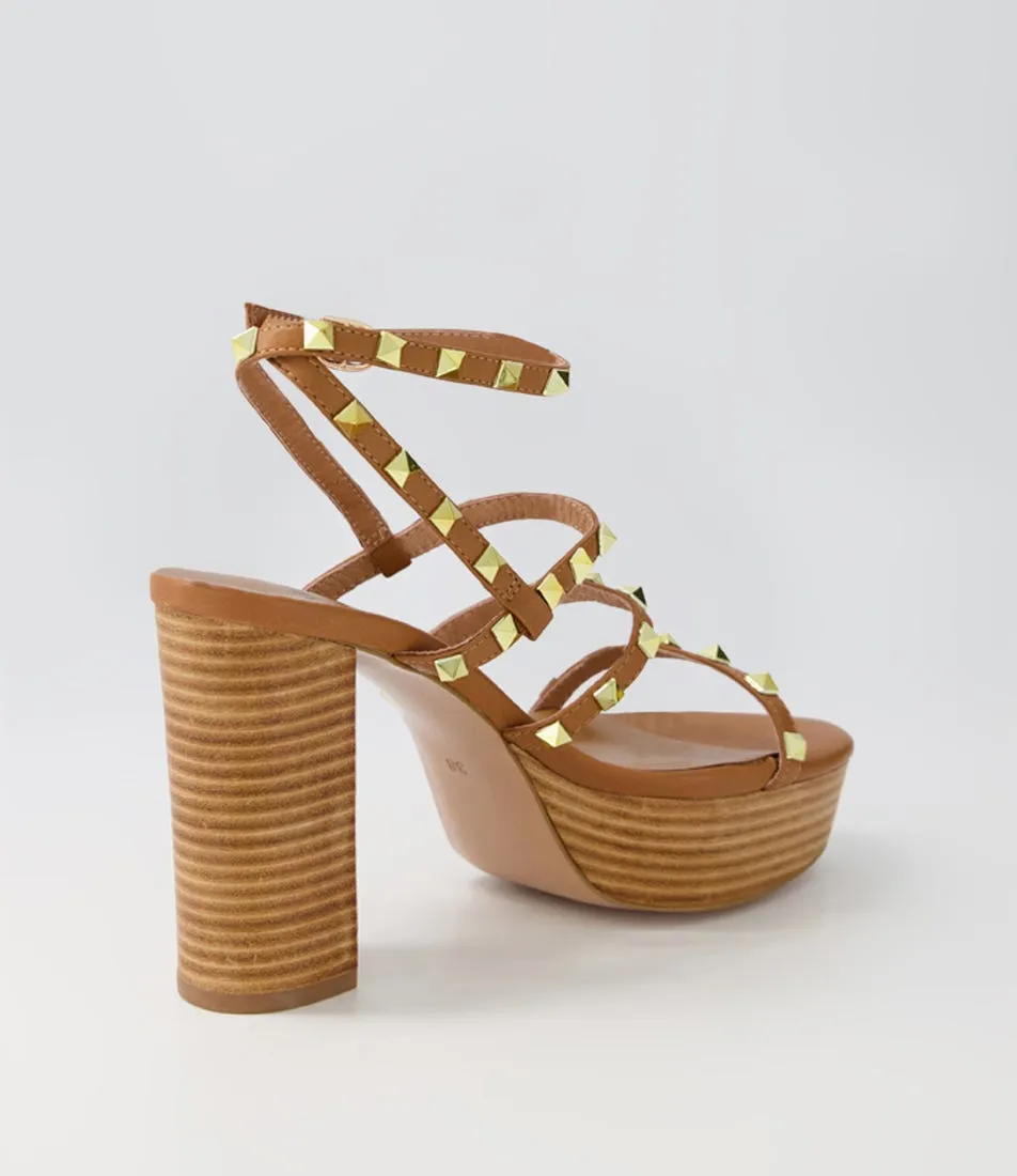 MOLLINI Almora Dark Tan Pale Gold Stud Leather Sandals