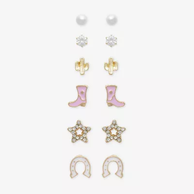 new!Mixit Gold Tone Cowboy Boot 6 Pair Cubic Zirconia Simulated Pearl Star Earring Set