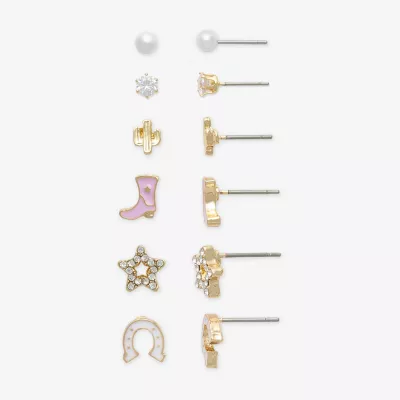 new!Mixit Gold Tone Cowboy Boot 6 Pair Cubic Zirconia Simulated Pearl Star Earring Set