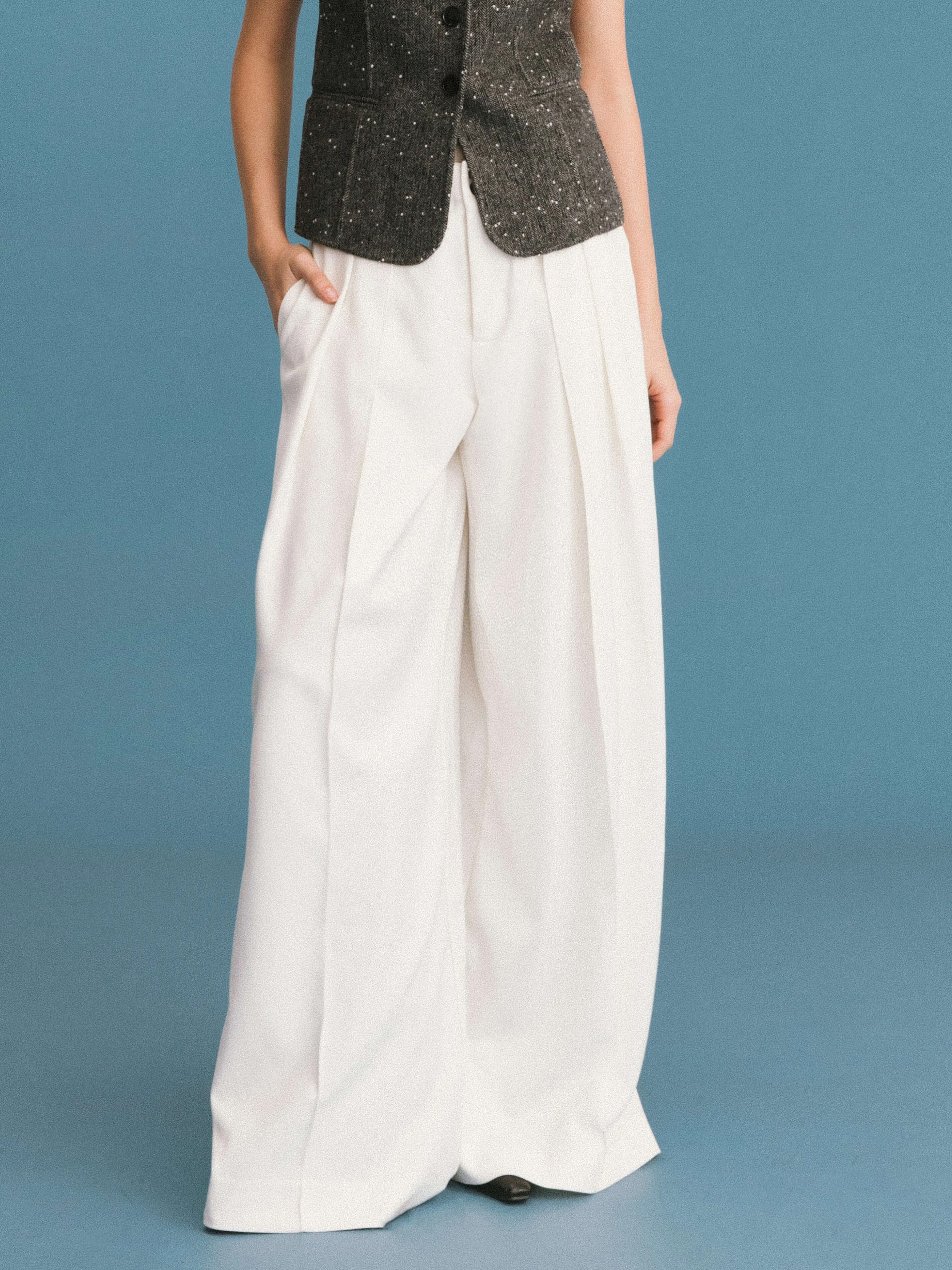 ONE BY CUBIC Pleated Wide Leg Wool Blend Trousers